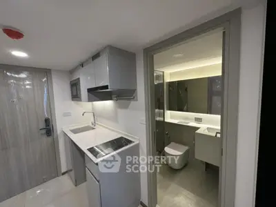 Modern compact kitchen and bathroom in sleek apartment design