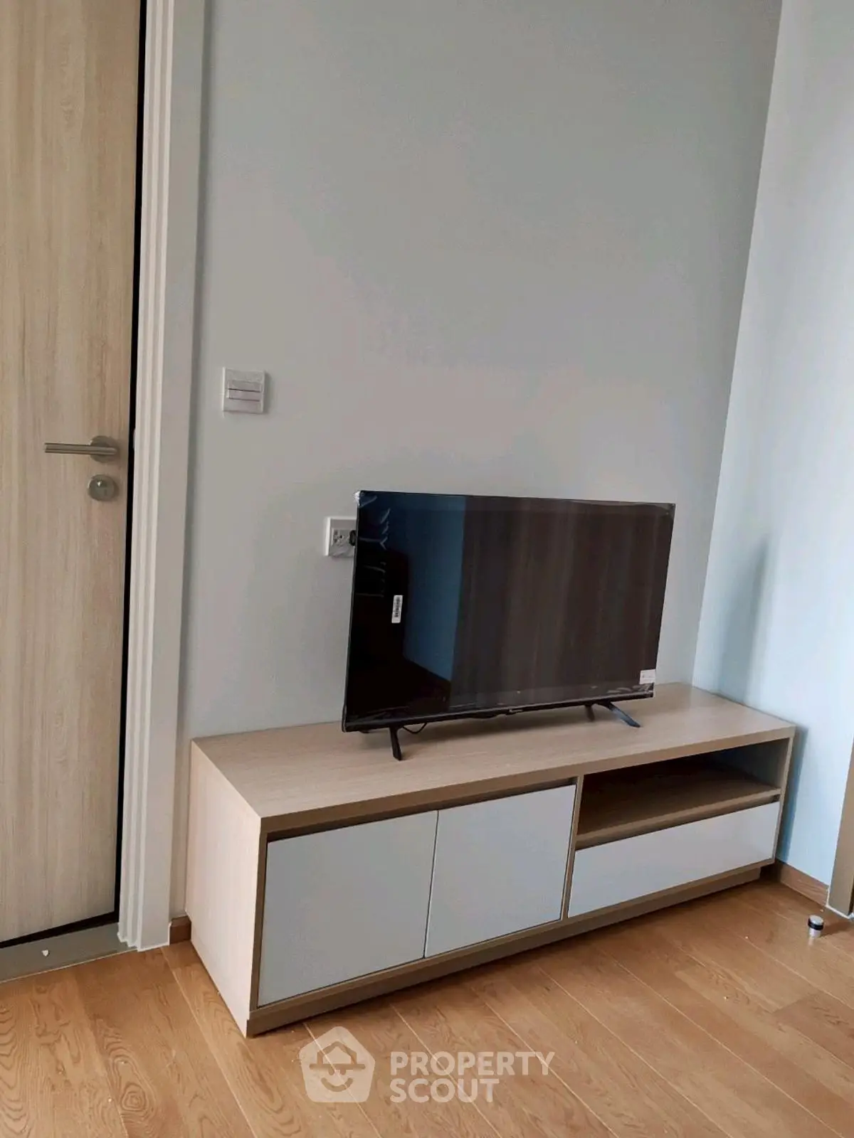 Modern living room with sleek TV stand and flat-screen TV on wooden flooring.