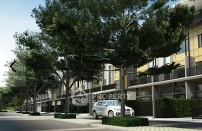 Modern townhouse exterior with lush trees and parked car in a serene neighborhood.