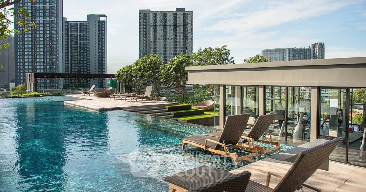 Luxurious rooftop pool with stunning cityscape views and modern lounge chairs.