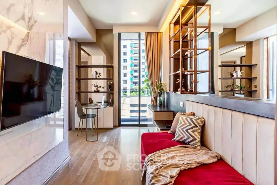 Luxurious modern living room with elegant decor and large windows offering a stunning view.