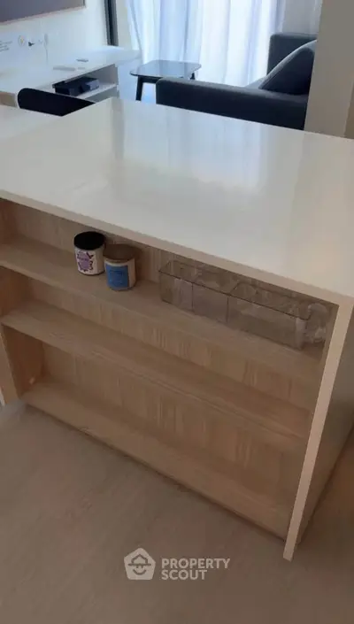 Modern kitchen with sleek open shelving and stylish decor