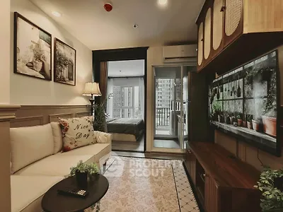 Chic living room with modern decor and balcony view in urban apartment