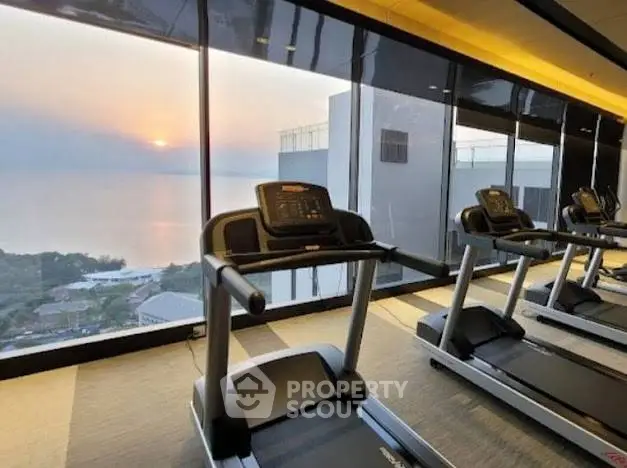 Luxurious gym with stunning sunset view and modern treadmills in high-rise building.