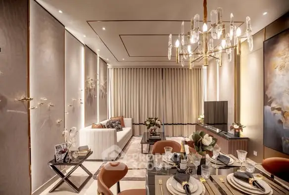 Luxurious living room with elegant decor and chandelier lighting