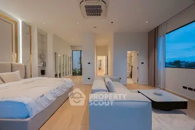 Luxurious modern bedroom with spacious layout and large windows offering stunning views.