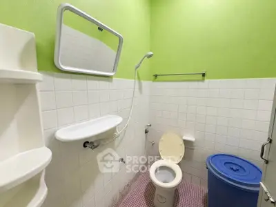 Compact bathroom with green walls, white tiles, and essential fixtures.
