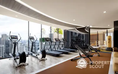 Luxurious high-rise gym with panoramic city views and modern fitness equipment.