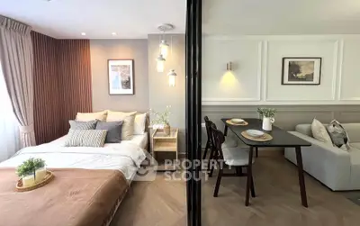 Modern studio apartment with cozy bedroom and stylish dining area