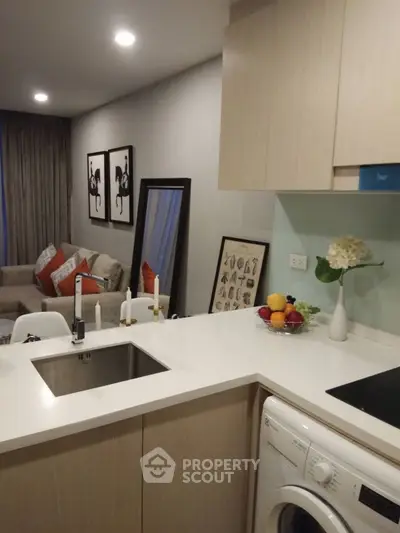 Modern open-layout kitchen with sleek design and integrated washing machine, leading to cozy living area.
