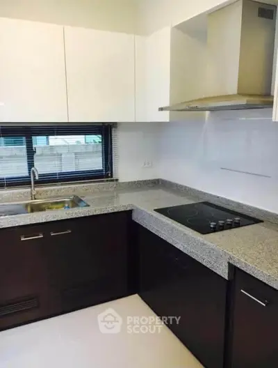 Modern kitchen with sleek countertops and electric stove in a stylish apartment