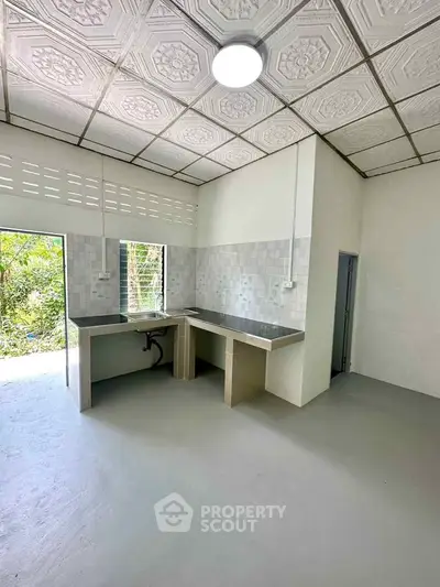 Spacious kitchen with modern open layout and ample natural light, perfect for culinary enthusiasts.