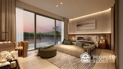 Luxurious bedroom with stunning lake view and modern decor