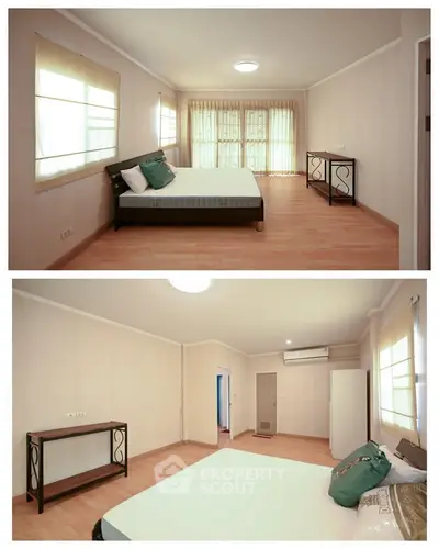 Spacious bedroom with modern decor and ample natural light, featuring a comfortable bed and stylish furnishings.