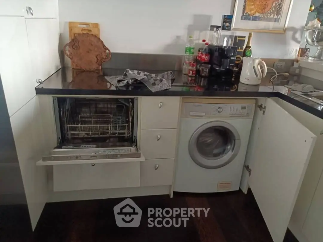 Modern kitchen with dishwasher and washing machine integrated into cabinetry.
