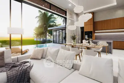Luxurious open-plan living room with pool view and modern kitchen