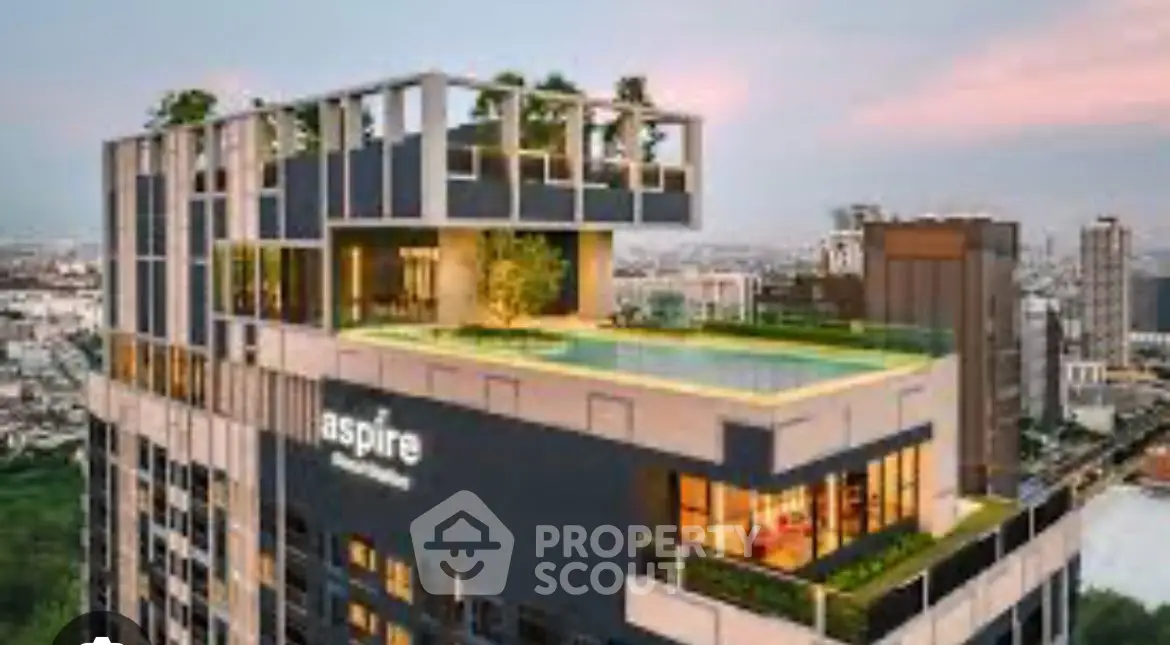 Luxurious rooftop pool with stunning cityscape view at Aspire condominium.