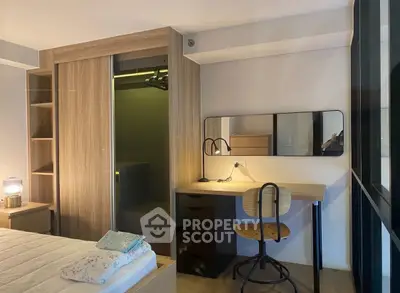 Modern bedroom with stylish wooden furniture and cozy lighting