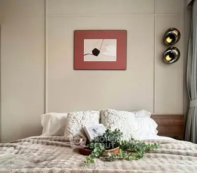 Cozy bedroom with elegant decor and soft lighting, perfect for relaxation.