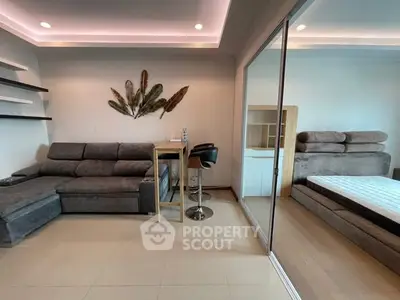 Modern living room with stylish decor and cozy seating area