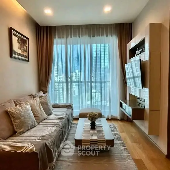 Modern living room with city view, stylish decor, and cozy ambiance.