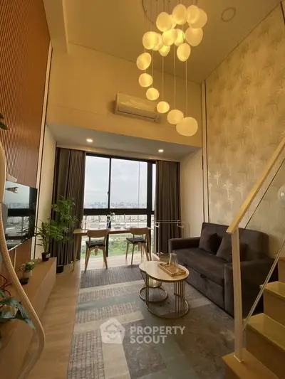 Luxurious modern living room with high ceiling and stunning city view, featuring elegant lighting and stylish decor.