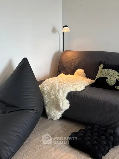 Cozy living room with modern decor, featuring a plush sofa, stylish lamp, and chic bean bag chair.