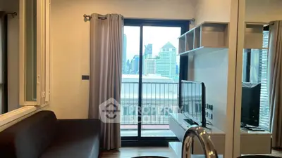 Modern living room with city view and sleek furnishings