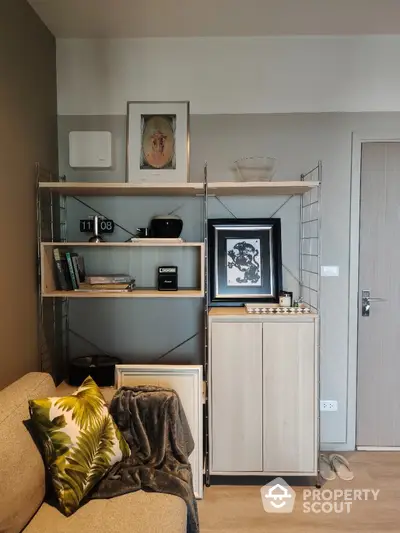 Modern living room with stylish shelving and cozy decor