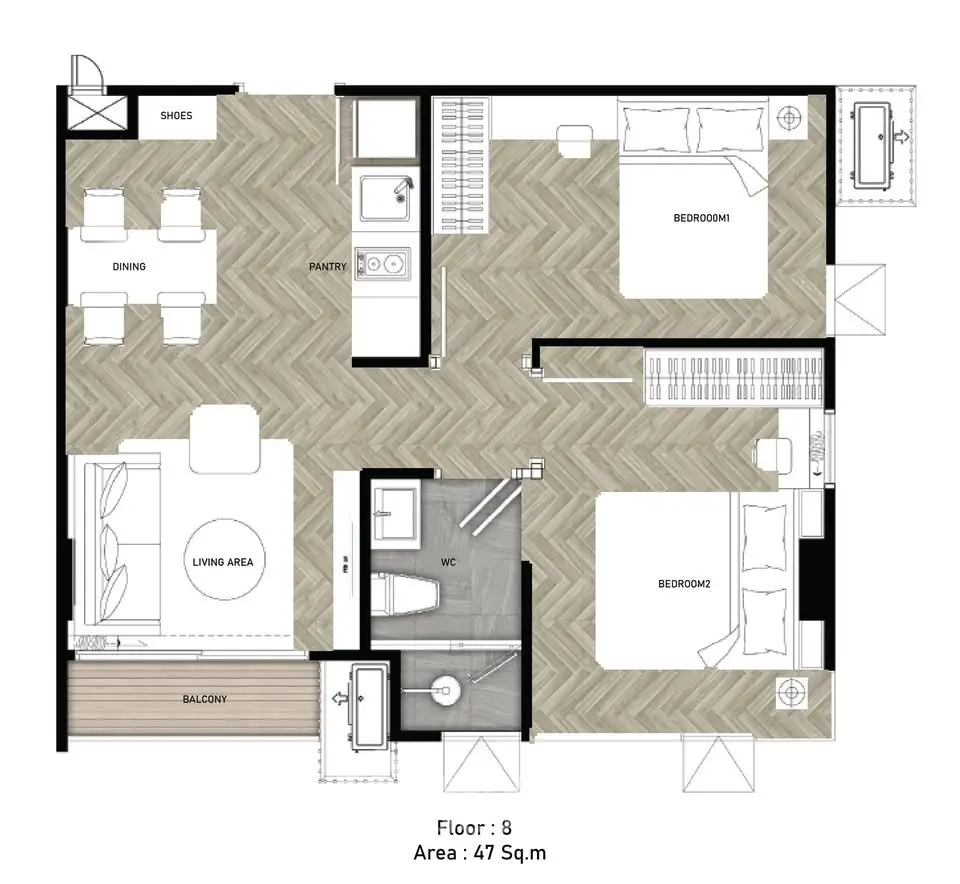 Modern apartment floor plan with two bedrooms, living area, kitchen, and balcony on the 8th floor, 47 sqm.