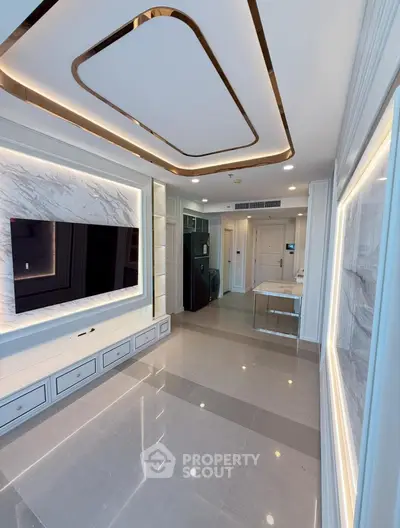 Luxurious modern living room with marble accents and sleek design