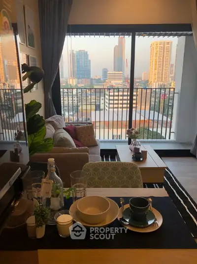 Modern living room with city view and stylish decor