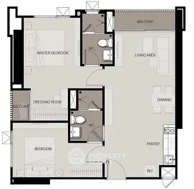 Modern apartment floor plan with two bedrooms, living area, and balcony.