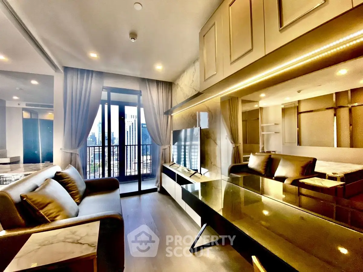 Luxurious modern living room with city view, elegant furnishings, and floor-to-ceiling windows.