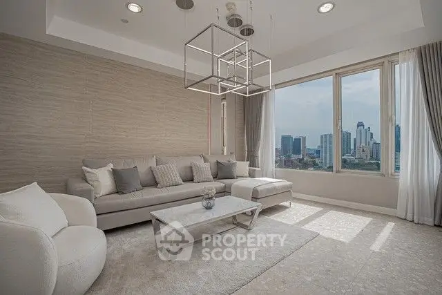 Luxurious modern living room with city view and elegant furnishings.