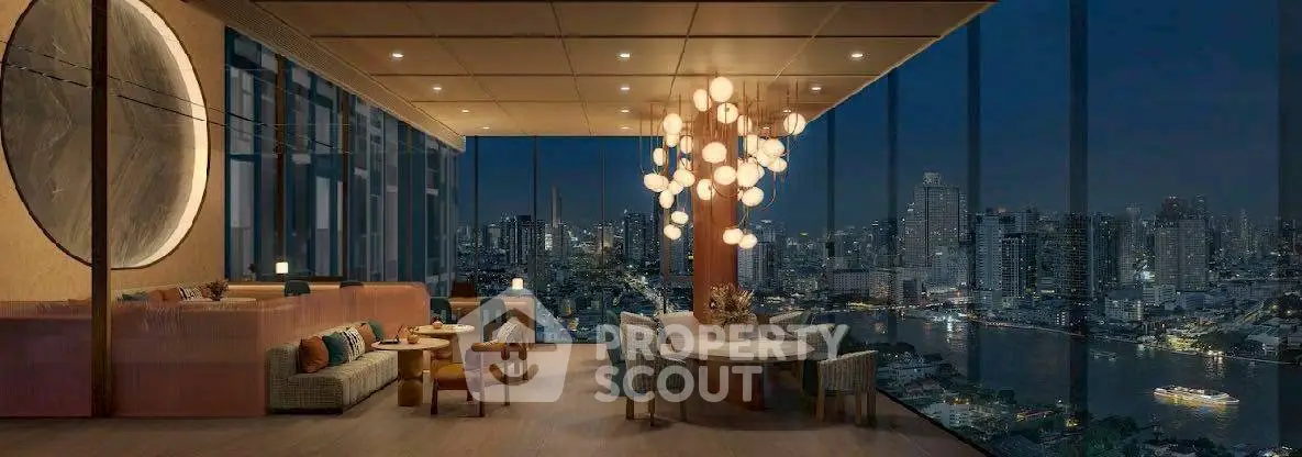 Luxurious high-rise living room with panoramic city skyline view and elegant lighting.