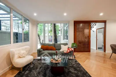 Stylish living room with modern furniture and large windows in a contemporary home.