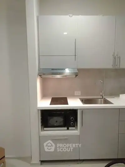 Modern compact kitchen with sleek cabinetry and built-in appliances
