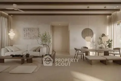 Elegant living and dining area with modern decor and natural light