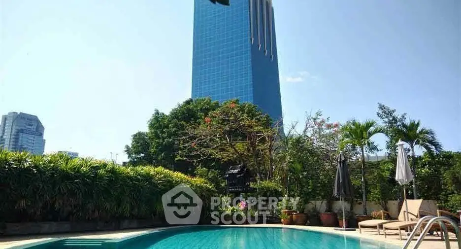 Luxurious urban poolside with stunning skyscraper view and lush greenery
