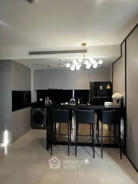 Modern kitchen with sleek design, featuring a washing machine, black appliances, and stylish lighting.