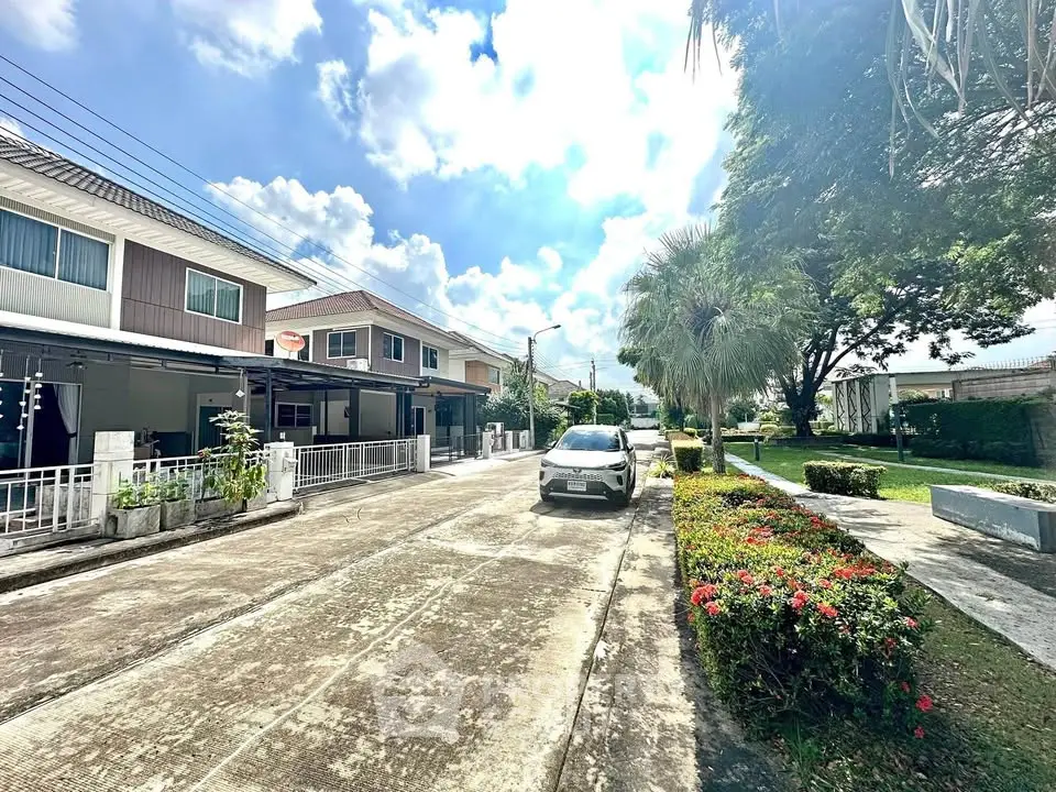 Charming suburban street with modern homes and lush greenery under a bright blue sky.