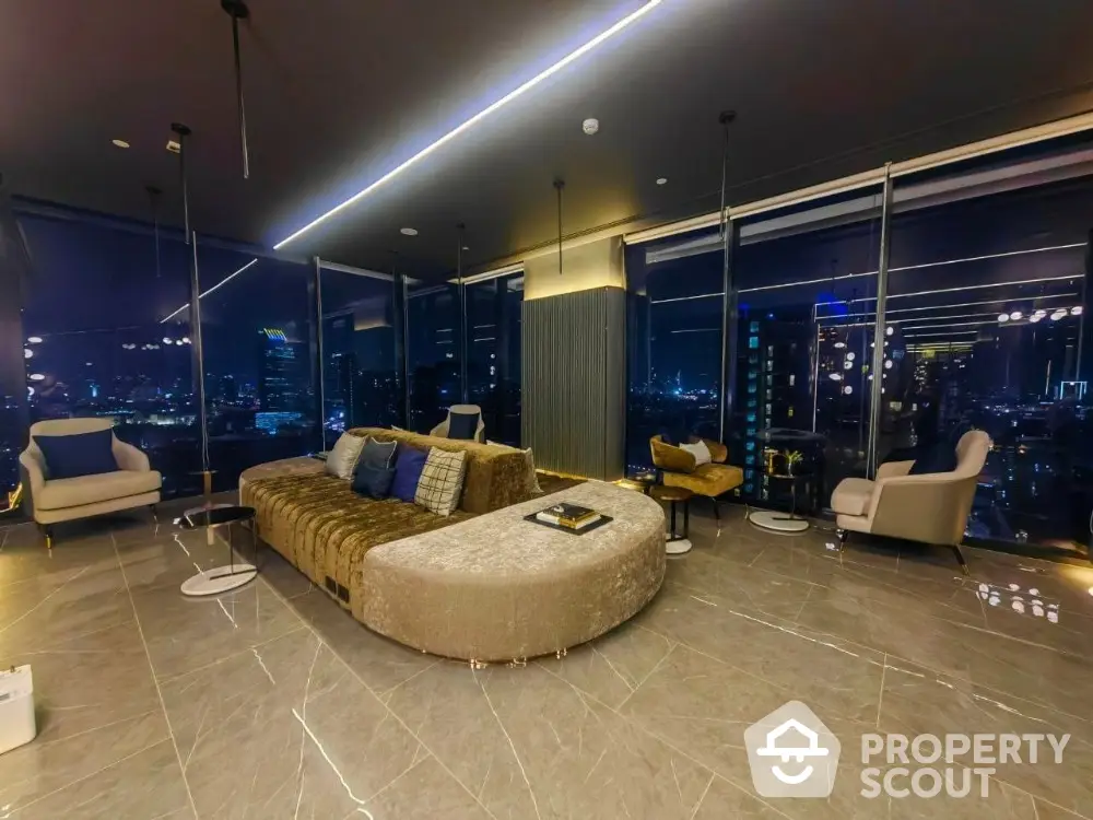 Luxurious modern living room with panoramic city views and elegant furnishings