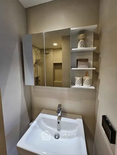 Modern bathroom with sleek sink and mirrored cabinet, featuring elegant shelving and stylish decor.