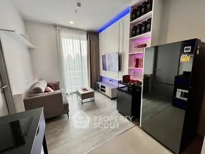 Modern living room with sleek design, featuring a cozy sofa, stylish shelving, and a large window for natural light.