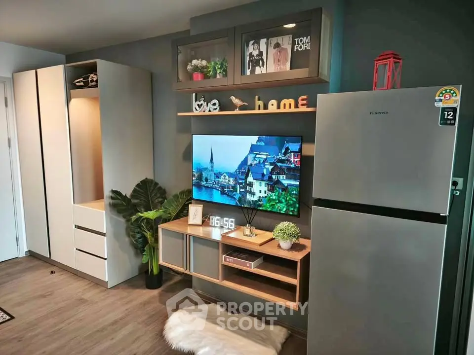 Modern living room with sleek storage and stylish decor