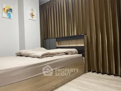 Cozy bedroom with modern wooden bed and elegant brown curtains