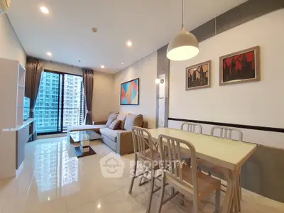 Spacious modern living room with dining area and city view, perfect for urban living.