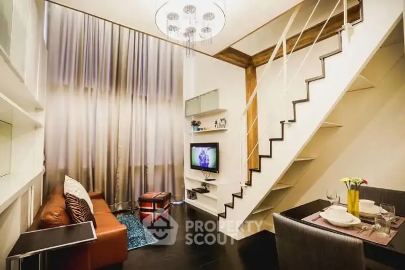 Stylish modern living room with loft design and elegant staircase
