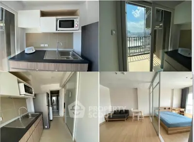 Modern apartment interior with kitchen, living area, and balcony view.